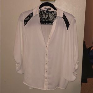 Billowy White Blouse with Black Lace Detail